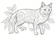Long Hair Tuxedo Cat full body playing with leaves tattoo design idea