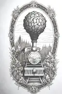 Rail, firewood, bushes, fire, train, linework, outline, symmetrical tattoo design idea