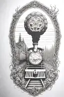 Rail, firewood, bushes, fire, train, linework, outline, symmetrical tattoo design idea