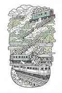 Rail, firewood, bushes, fire, train crash tattoo design idea
