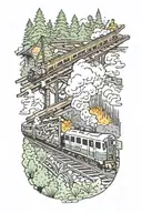 Rail, firewood, bushes, fire, train crash tattoo design idea