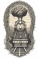 Rail, firewood, bushes, fire, train, outline, symmetrical  tattoo design idea