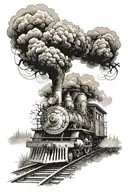 Rail, firewood, bushes, fire, steam engine  tattoo design idea