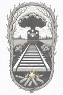 Rail, firewood, bushes, fire, train, outline, symmetrical  tattoo design idea