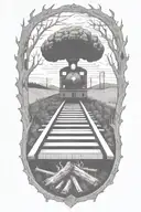 Rail, firewood, bushes, fire, train, outline, symmetrical  tattoo design idea