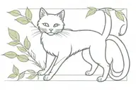 Long Hair Tuxedo Cat full body playing with leaves tattoo design idea