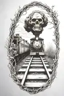 Rail, firewood, bushes, fire, train, linework, outline tattoo design idea