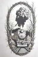 Rail, firewood, bushes, fire, train, linework, outline tattoo design idea