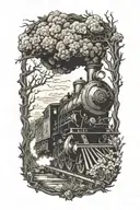 Rail, firewood, bushes, fire, steam engine  tattoo design idea