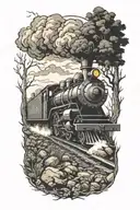 Rail, firewood, bushes, fire, steam engine  tattoo design idea
