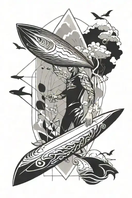 Sleeve-Tattoo featuring surfing, apnea diving, ocean wildlife and the outdoors tattoo design idea