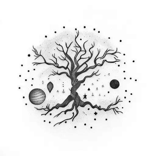 fine line oak tree with gemini constellation  tattoo design idea