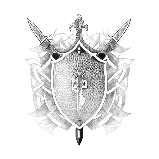 A black-grey forearm shield with a blackwork design of a sword and shield crossed over each other tattoo design idea