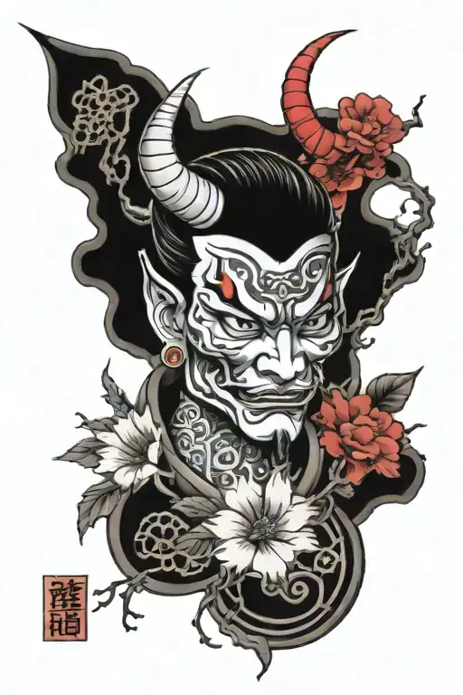 A tattoo that contains japanese inspired devil, sakura flowers and cultural japanese objects tattoo design idea