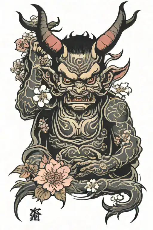 japanese inspired devil with sakuras tattoo design idea