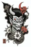 A tattoo that contains japanese inspired devil, sakura flowers and cultural japanese objects tattoo design idea