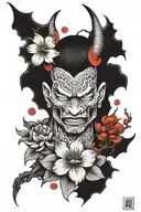 A tattoo that contains japanese inspired devil, sakura flowers and cultural japanese objects tattoo design idea