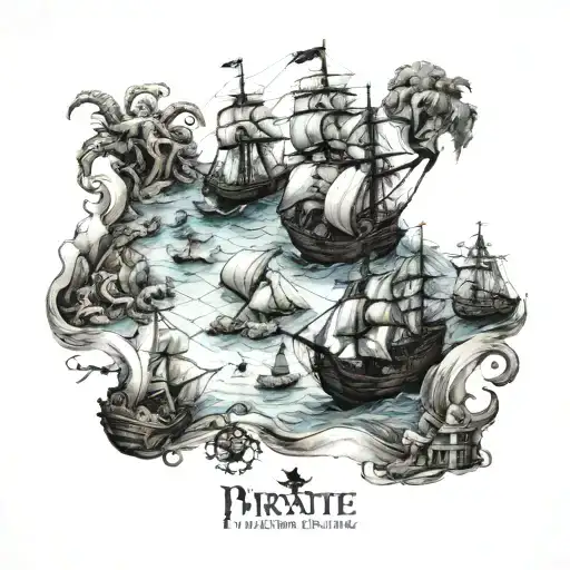 I want a pirate map with a line going after treasure on an island, small images of sea monsters, forearm tattoo design idea