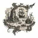 I want a pirate map with a line going after treasure on an island, small images of sea monsters, forearm tattoo design idea