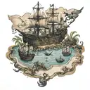 I want a pirate map with a line going after treasure on an island, small images of sea monsters, forearm tattoo design idea