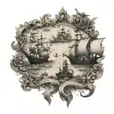 I want a pirate map with a line going after treasure on an island, small images of sea monsters, forearm tattoo design idea