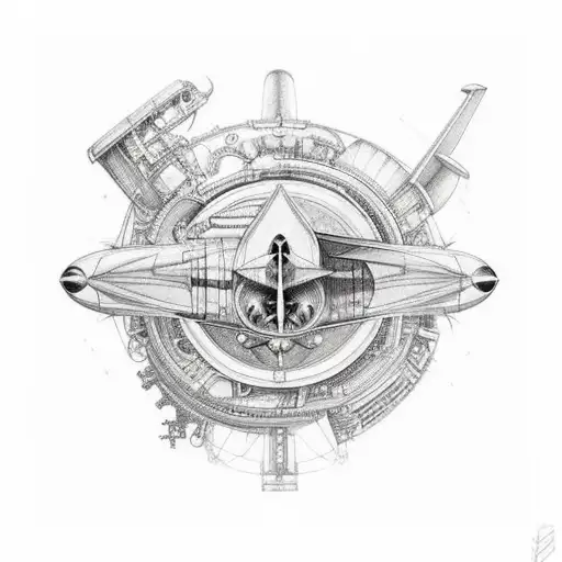 An intricate mechanical design incorporating elements of a plane's engine and your four dogs, symbolizing your passion for mechanics and flying tattoo design idea