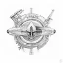 An intricate mechanical design incorporating elements of a plane's engine and your four dogs, symbolizing your passion for mechanics and flying tattoo design idea