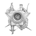 An intricate mechanical design incorporating elements of a plane's engine and your four dogs, symbolizing your passion for mechanics and flying tattoo design idea