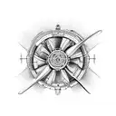 An intricate mechanical design incorporating elements of a plane's engine and your four dogs, symbolizing your passion for mechanics and flying tattoo design idea