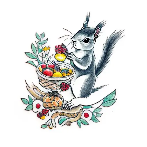 squirrel with flowers and berries tattoo design idea