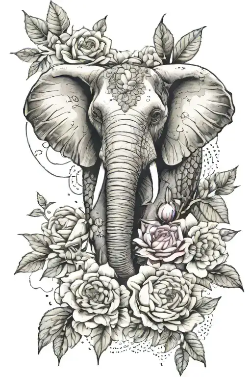 A creative tattoo featuring a mix of all the favorite things: a disco ball, a baby elephant, and various flowers like peonies and zinnias tattoo design idea
