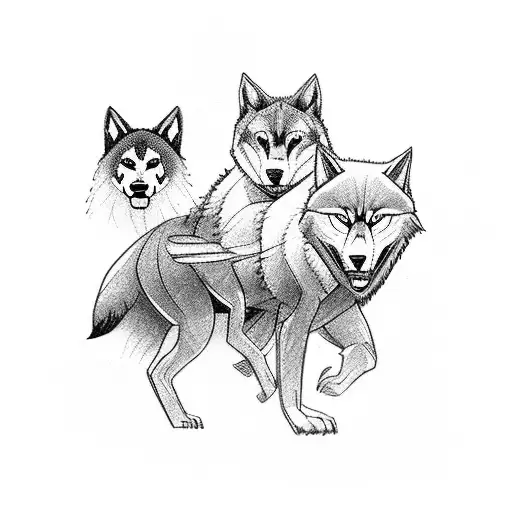 A fierce MMA fighter riding a motorbike through a dense forest, with a pack of wild wolves running alongside them. tattoo design idea