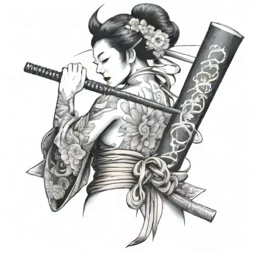 topless tattooed geisha looking back over her shoulder with a hannya mask on top of her head welding a katana behind her tattoo design idea