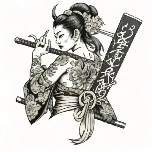 topless tattooed geisha looking back over her shoulder with a hannya mask on top of her head welding a katana behind her tattoo design idea