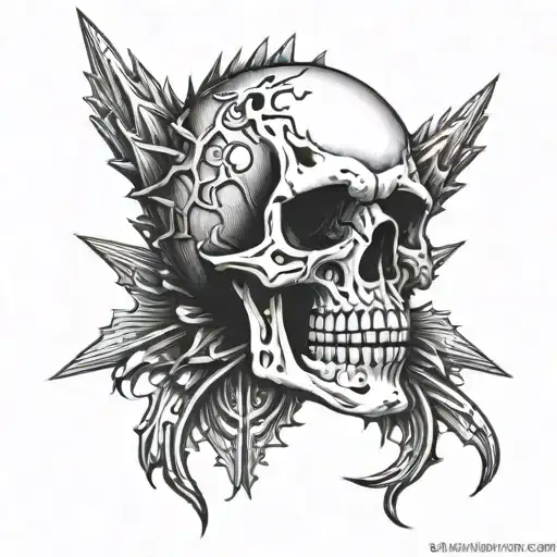 Skull crying with spikes around neck tattoo design idea