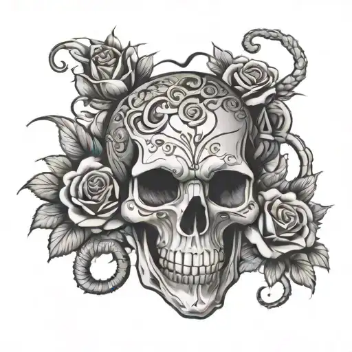 Skull snake roses dice tattoo design idea