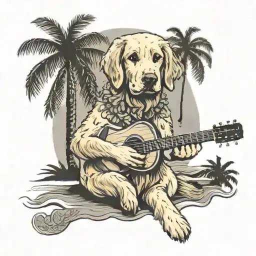 A dotwork tattoo of a golden retriever wearing a lei and playing the ukulele on a beach with palm trees tattoo design idea