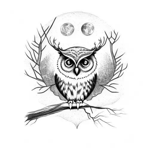 A majestic owl perched on a tree branch in a moonlit forest tattoo design idea
