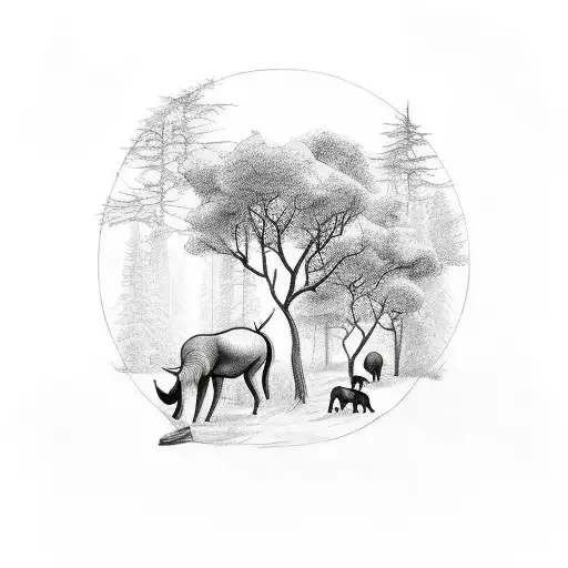 A sketch-style tattoo featuring a serene forest landscape with various animals roaming freely tattoo design idea