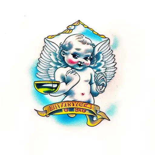 Cherub with glass of wine in his hand tattoo design idea