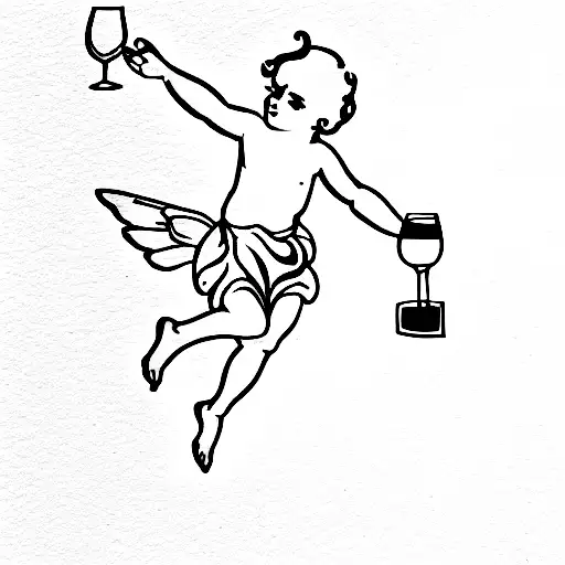 Flying Cherub with glass of wine in his hand tattoo design idea