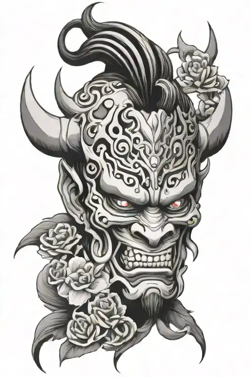 oni mask split in half tattoo design idea