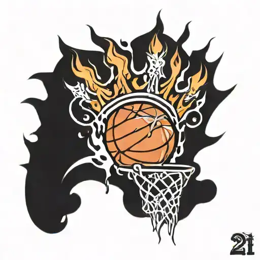basketball on fire with a crown on it and number 21 tattoo design idea