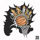 basketball on fire with a crown on it and number 21 tattoo design idea