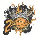basketball on fire with a crown on it and number 21 tattoo design idea