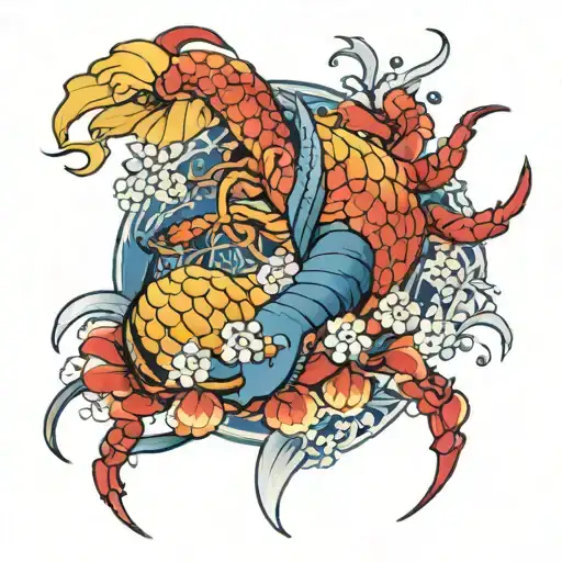 A blue spider flower with a red spider flower, connected to sheets over Japanese koi, and in the middle should be writte tattoo design idea