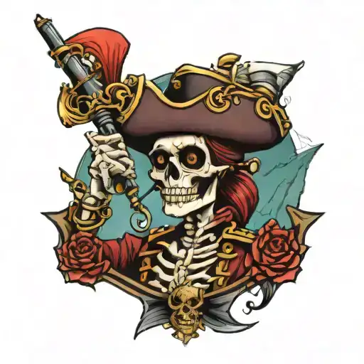 female skeleton pirate captain leading a crew tattoo design idea