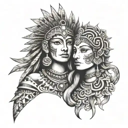 Incorporate Aztec gods and goddesses into a sleeve tattoo with a mix of blackwork and dotwork techniques tattoo design idea