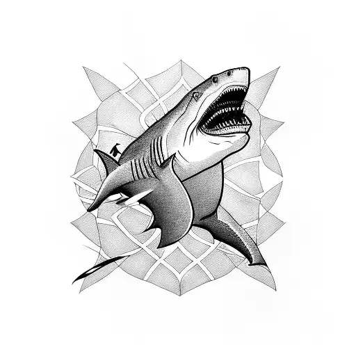A blackwork tattoo of a shark emerging from a chessboard, with chess pieces scattered around tattoo design idea