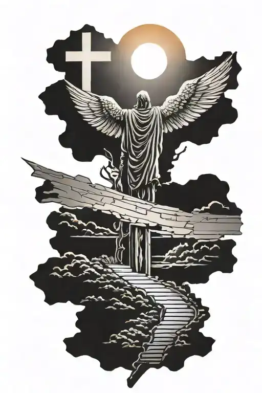 Man walking towards a cross with dove flying and sun shining  tattoo design idea